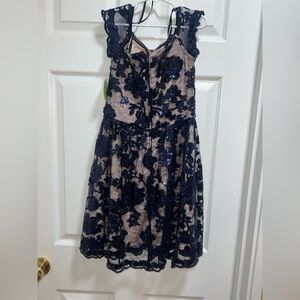 Navy Blue‎ Lace Sequin Cocktail Party Dress Ruffle Cap Sleeve Formal